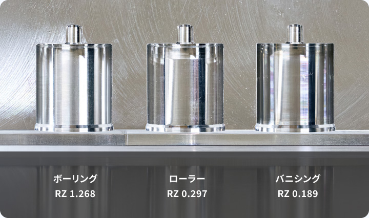 加工方法による面粗さの比較。ボーリング:Rz 1.268、ローラー:Rz 0.297、バニシング:Rz 0.189